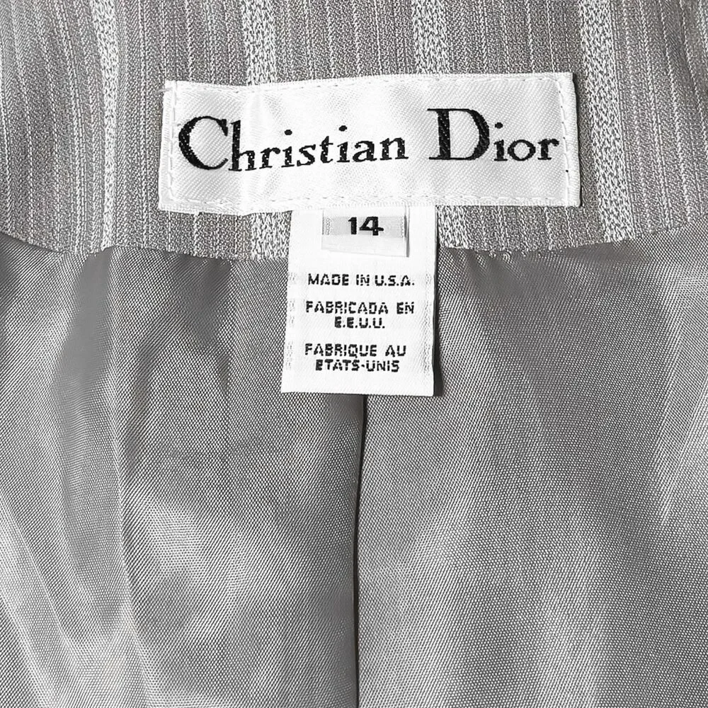 Vintage Christian Dior Womens 14 Gray Pinstripe Wrap Blazer Tie Waist Jacket USA